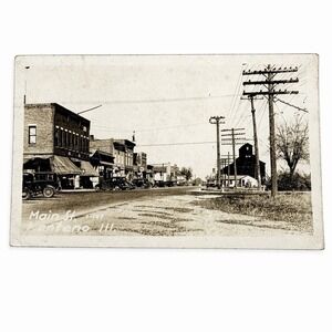 Vintage 1940's Main St Monteno IL Postcard RPPC Style Small Town Americana